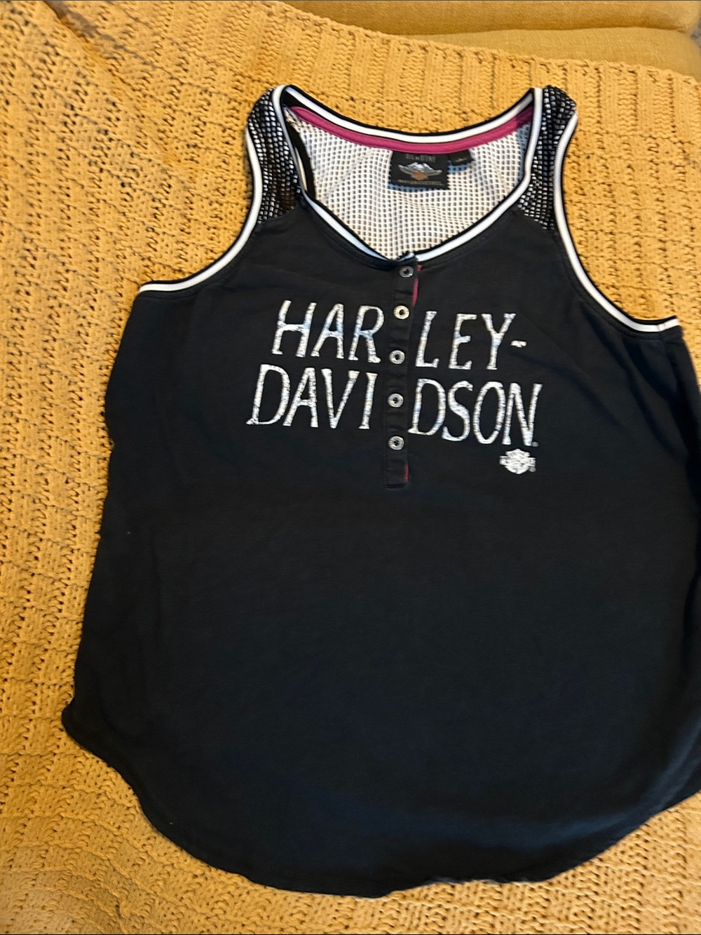 Harley-Davidson Black Tank Top with White Lettering and Pink Trim